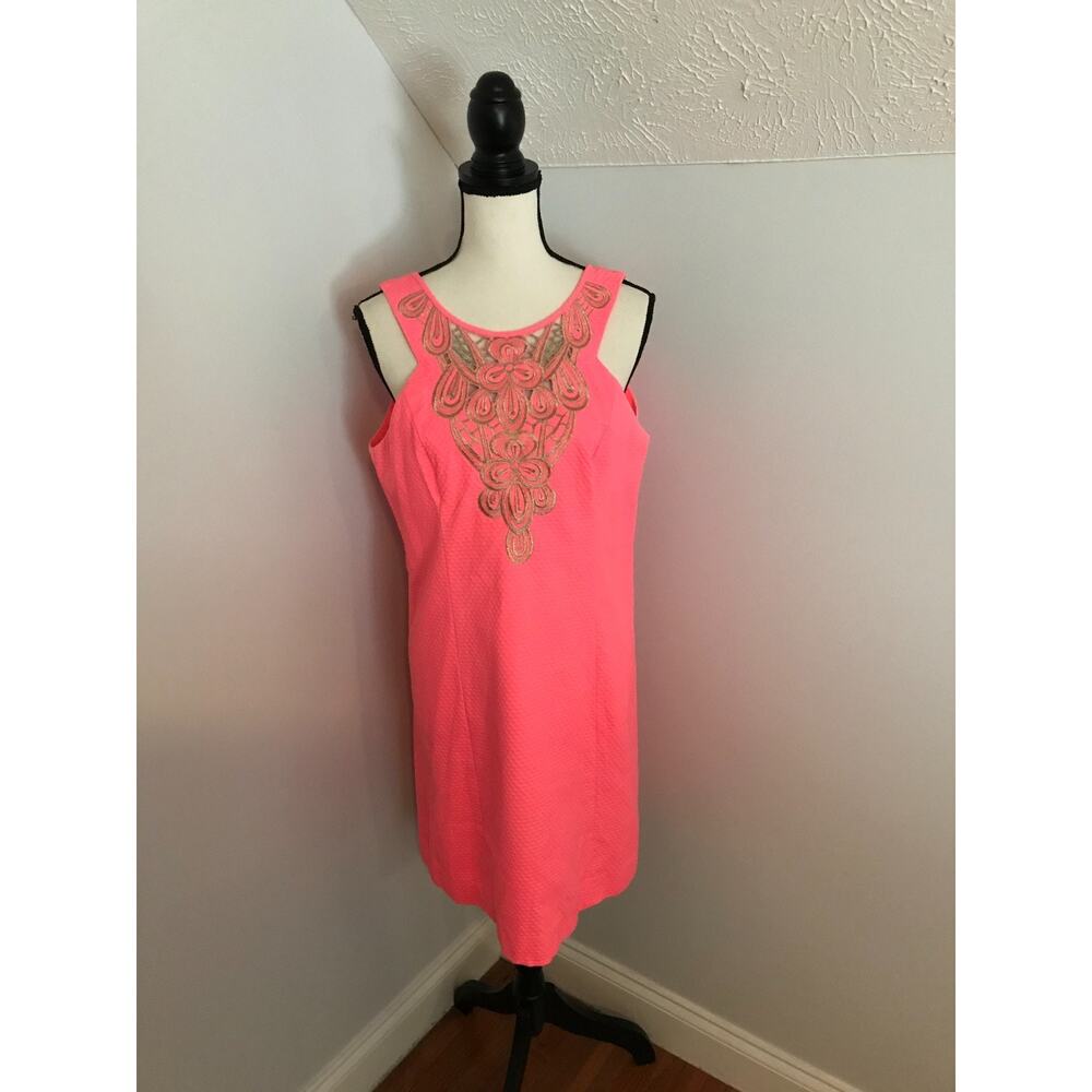 Lilly Pulitzer Largo Shift Dress Size 10 Pink Sun Ray Gold Embroidered - Picture 2 of 12